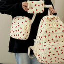 Conjunto de 3 peças: Mochila de Veludo Cotelê com Estampa de Morango.