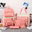 Mochila Feminina 5 Peças – Lona Grande Capacidade, Estilo Coreano, Escolar e Casual.