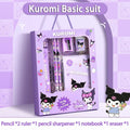 Conjunto de Papelaria Sanrio 12 Peças – Kuromi, Cinnamoroll e My Melody, com Lápis, Borrachas, Réguas.